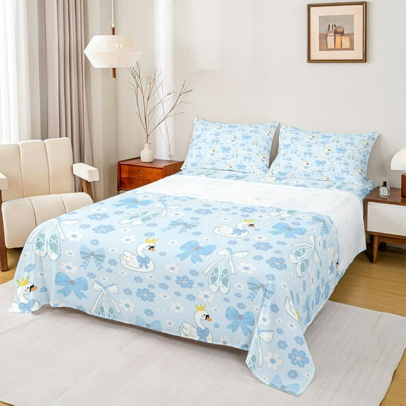 Feelyou Kawaii Bowknot Swan Kids Queen Sheet Sets, Blue Cherry Blossoms Bed Set, 4pcs