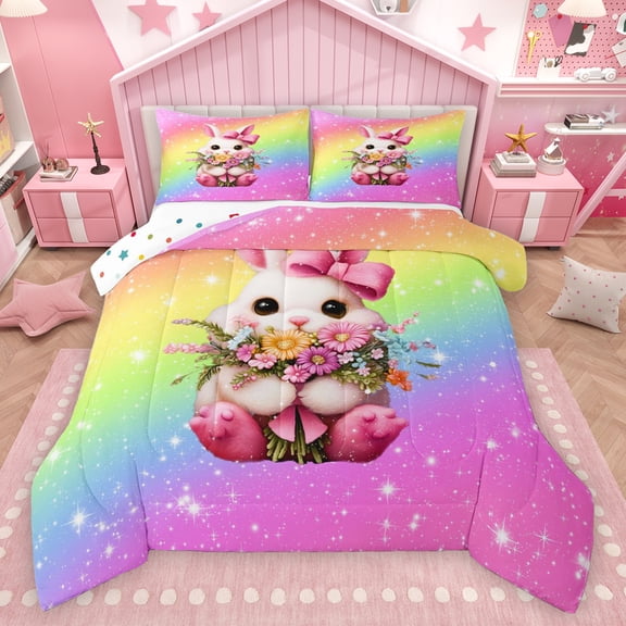 Feelyou Kawaii Bownot Rabbit Queen Comforter Set for Kid, Glitter Stars Rainbow Bedding Sets, Groovy Flower Floral Reversible Bedding Comforter Set, Super Cozy Room Decor, 3pcs