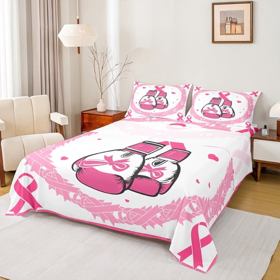 Feelyou Kawaii Boxing Gloves Full Size Sheets, Pink Hope Ribbon Bed Sheets, Cartoon Love Heart Sheet Sets, Ultra Soft Bedroom Decor, 4-Piece