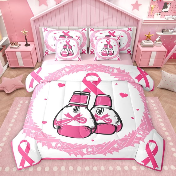 Feelyou Kawaii Boxing Gloves Twin Bedding Sets 7-Piece, Pink Hope Ribbon Bedding Comforter Set, Cartoon Love Heart Reversible Sheet Sets, Ultra Soft Bedroom Decor