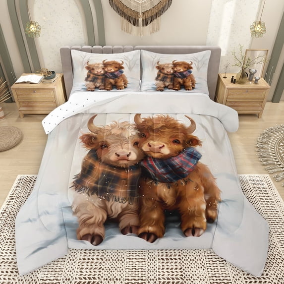 Feelyou Kawaii Brown Cow Bedding Comforter Set, Rustic Farmhouse Bull Twin Comforter Sets, Vintage Buffalo Scarf Reversible Bedding Set, Breathable Home Decor, 2 Pieces