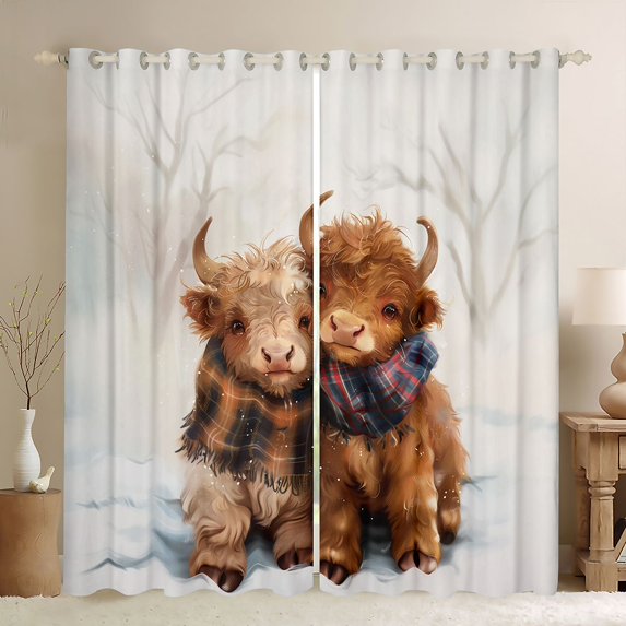 Feelyou Kawaii Brown Cow Curtains Pack of 2 (42x84 Each), Rustic Farmhouse Bull Curtains Blackout, Vintage Buffalo Scarf Bedroom Curtains, Blackout Curtains Home Decor