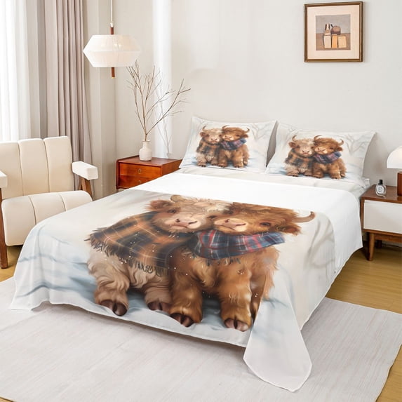 Feelyou Kawaii Brown Cow Twin Sheet Sets, Rustic Farmhouse Bull Twin Fitted Sheet, Vintage Buffalo Scarf Flat Sheet, Breathable Home Decor, 3 Pieces