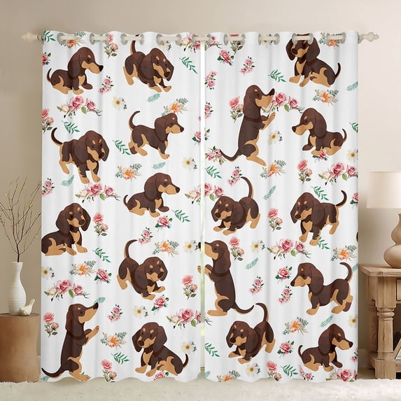 Feelyou Kawaii Brown Dachshund Blackout Curtains Set of 2 (52x84 Each), Vintage Pink Rose Window Curtains, Cartoon Dog Animal Curtains and Drapes, Blackout Curtains Room Decor