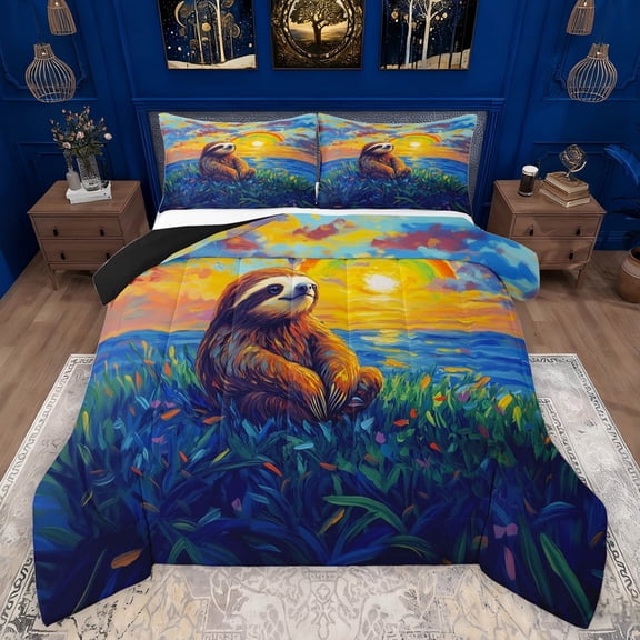 Feelyou Kawaii Brown Sloth Full Size Comforter Sets for Child, Rustic Farmhouse Sunset Bedding Comforter Set, Chic Oil Printing Reversible Bedding Sets, Luxury Bedroom Decor, 3 Pieces