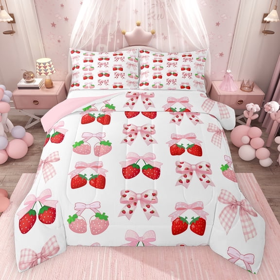 Feelyou Kawaii Buffalo Bowknot Bedding Comforter Set, Fashion Ribbon Strawberry Twin Comforter Sets, Princess Pink Cartoon Reversible Bedding Set, Microfiber Bedroom Decor, 2 Pieces