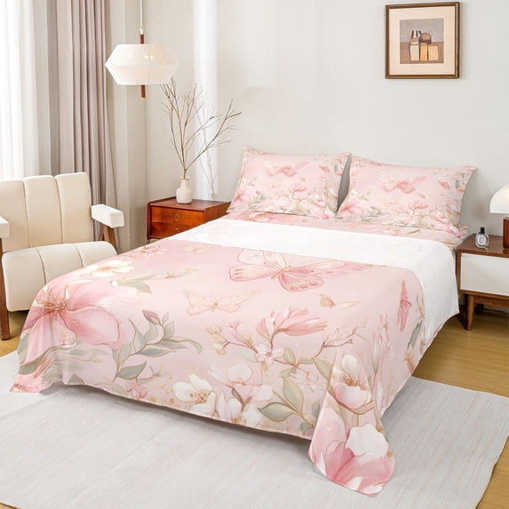 Feelyou Kawaii Butterfly Teens Full Size Sheets, Pink Spring Flower Floral Bed Sheets, Fairy Tale Princess Sheet Sets, Super Cozy Room Decor, 4-Piece