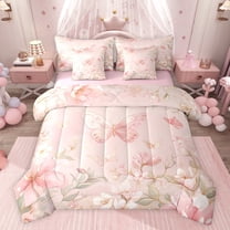 Feelyou Kawaii Butterfly Teens Twin Bedding Sets 7-Piece, Pink Spring Flower Floral Bedding Comforter Set, Fairy Tale Princess Reversible Sheet Sets, Super Cozy Room Decor