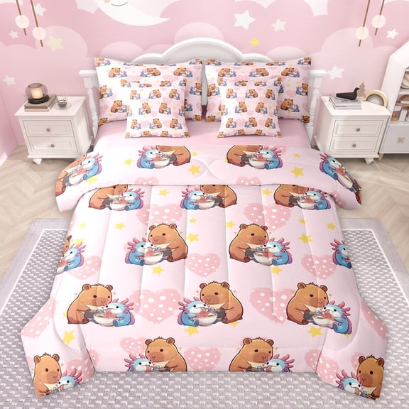 Feelyou Kawaii Capibara Animal Bedding Comforter Set 7 Pieces, Cute Ramen Axolotl Full Bedding Set, Romantic Love Heart Reversible Fitted Sheet Flat Sheet, Lightweight Room Decor