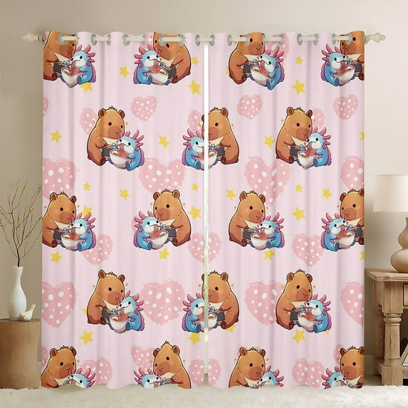 Feelyou Kawaii Capibara Animal Blackout Curtains Set of 2 (52x84 Each), Cute Ramen Axolotl Window Curtains, Romantic Love Heart Curtains and Drapes, Window Curtains Decor
