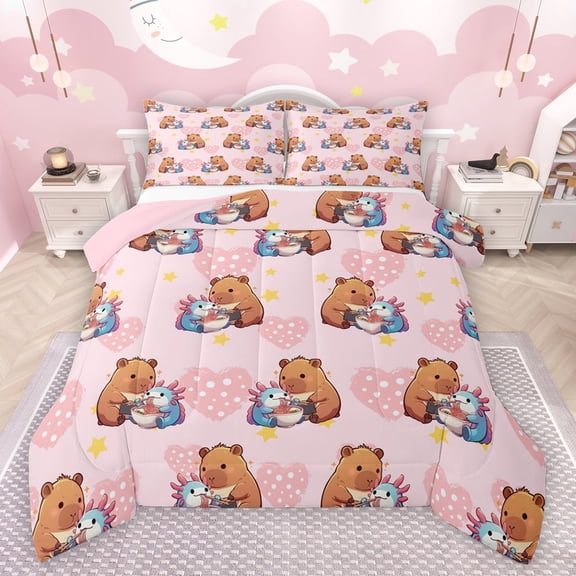 Feelyou Kawaii Capibara Animal Full Size Comforter Sets, Cute Ramen Axolotl Bedding Comforter Set, Romantic Love Heart Reversible Bedding Sets, Lightweight Room Decor, 3-Piece