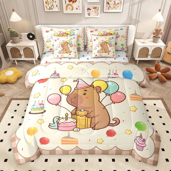 Feelyou Kawaii Capibara Twin Bedding Sets 7-Piece, Cartoon Birthday Animal Bedding Comforter Set, Teens Kids Boys Girls Reversible Sheet Sets, Breathable Home Decor