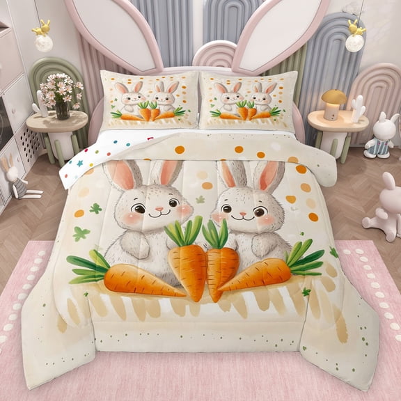 Feelyou Kawaii Carrot Bunny Queen Comforter Set, Cute Easter Rabbit Animal Bedding Sets, Teens Kids Boys Girls Reversible Bedding Comforter Set, Breathable Home Decor, 3 Pieces