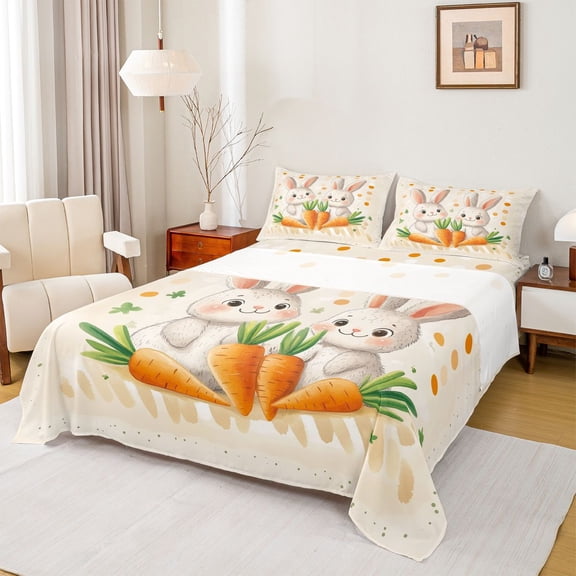Feelyou Kawaii Carrot Bunny Queen Sheet Sets, Cute Easter Rabbit Animal Flat Sheet, Teens Kids Boys Girls Queen Fitted Sheet, Breathable Home Decor, 4 Pieces