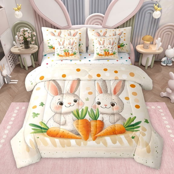 Feelyou Kawaii Carrot Bunny Twin Bedding Sets 7-Piece, Cute Easter Rabbit Animal Bedding Comforter Set, Teens Kids Boys Girls Reversible Sheet Sets, Breathable Home Decor
