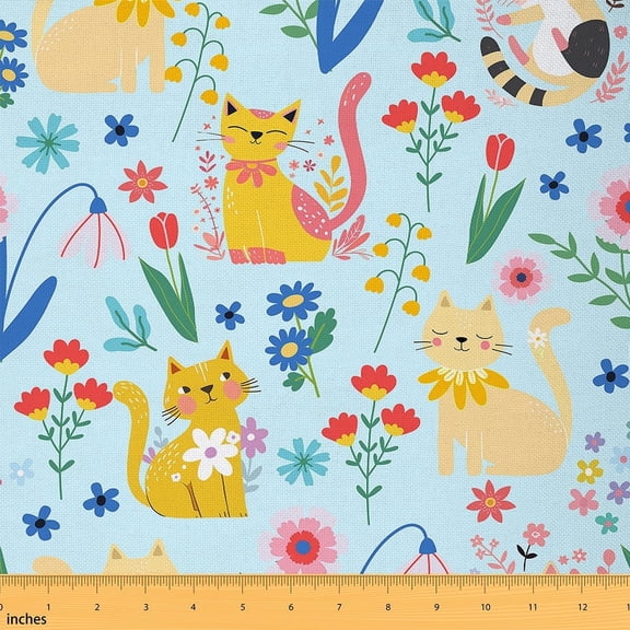 Feelyou Kawaii Cartoon Animal Fabric by the Yard 2 Yards, Yellow Cat Kitten Room Decor Fabric by the Yard, Floral Flower Fabric for Sewing, Super Cozy Room Decor