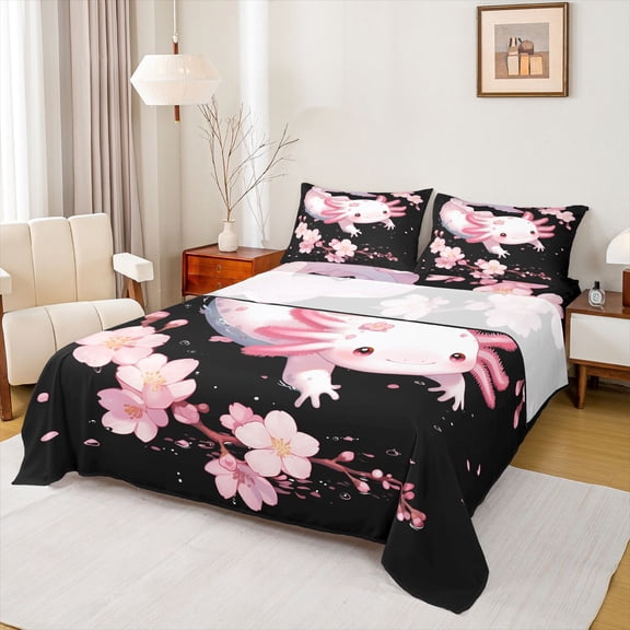 Feelyou Kawaii Cartoon Axolotl Full Size Sheets, Black Pink Bed Sheets, Japanese Cherry Blossoms Sheet Sets, Luxury Bedroom Decor, 4 Pieces