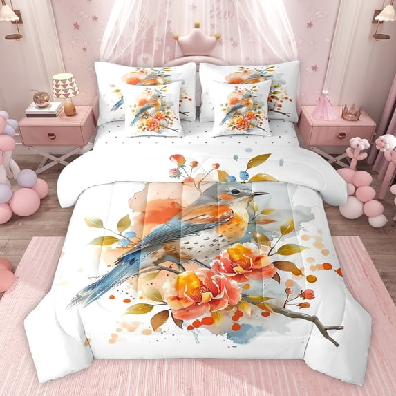 Feelyou Kawaii Cartoon Bird Bedding Comforter Set 7pcs for Teen, Watercolor Flower Floral King Bedding Sets, Vintage Chinese Style Reversible Bed Sheets, Lightweight Room Decor