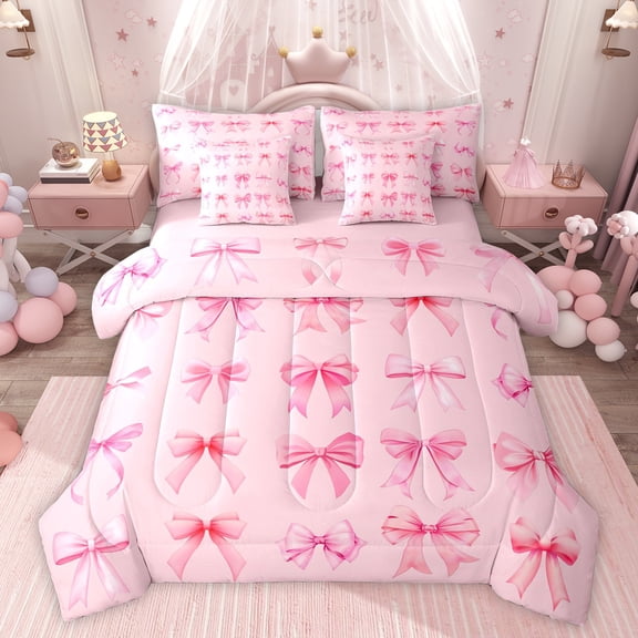 Feelyou Kawaii Cartoon Bow Bedding Comforter Set 7 Pieces, Cute Princess Ribbon Full Bedding Set, Modern Fashion Bowknot Reversible Fitted Sheet Flat Sheet, Breathable Home Decor