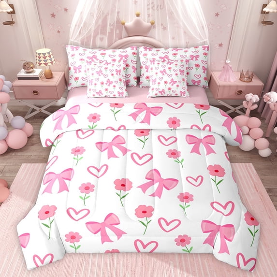 Feelyou Kawaii Cartoon Bow Bedding Comforter Set 7 Pieces for Girl, Cute Princess Ribbon Full Bedding Set, Pink Love Heart Reversible Fitted Sheet Flat Sheet, Microfiber Bedroom Decor