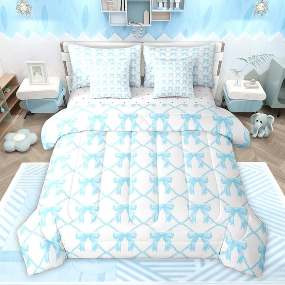 Feelyou Kawaii Cartoon Bow Bedding Comforter Set 7 Pieces for Kids, Chic Ribbon Bowknot Full Bedding Set, Fairy Tale Princess Reversible Fitted Sheet Flat Sheet, Microfiber Bedroom Decor