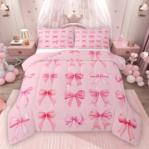 Feelyou Kawaii Cartoon Bow Bedding Comforter Set, Cute Princess Ribbon Twin Comforter Sets, Modern Fashion Bowknot Reversible Bedding Set, Breathable Home Decor, 2pcs