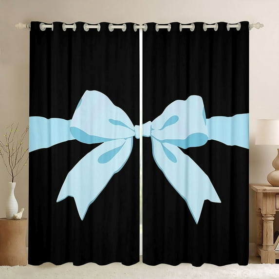 Feelyou Kawaii Cartoon Bow Blackout Curtains Set of 2 (52x84 Each) for Kids, Blue Princess Bowknot Window Curtains, Fairy Tale Style Curtains and Drapes, Living Room Curtains Decor