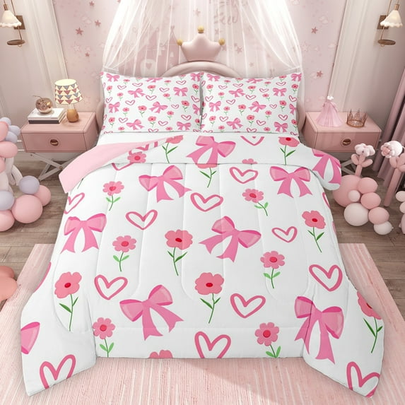 Feelyou Kawaii Cartoon Bow Full Size Comforter Sets for Girl, Cute Princess Ribbon Bedding Comforter Set, Pink Love Heart Reversible Bedding Sets, Microfiber Bedroom Decor, 3-Piece
