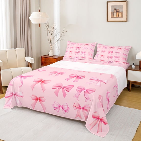 Feelyou Kawaii Cartoon Bow Full Size Sheets, Cute Princess Ribbon Bed Sheets, Modern Fashion Bowknot Sheet Sets, Breathable Home Decor, 4pcs