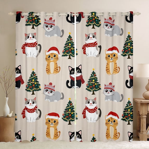 Feelyou Kawaii Cartoon Cat Curtains Pack of 2 (42x84 Each) for Teen, Christmas Tree Curtains Blackout, Happy New Year Bedroom Curtains, Blackout Curtains Room Decor