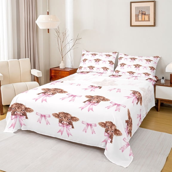 Feelyou Kawaii Cartoon Cow Full Size Sheets, Pink Watercolor Bowknot Bed Sheets, Cute Animal Sheet Sets, Lightweight Room Decor, 4pcs