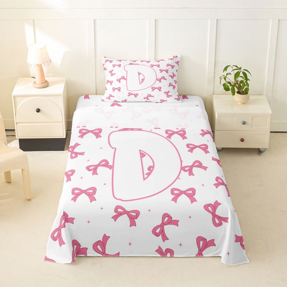 Feelyou Kawaii Cartoon D Letter Twin Sheets for Girls, Girly Pink Ribbon Style Bedding, 3pcs, 1 Flat Sheet, 1 Fitted Sheet and 1 Pillowcase