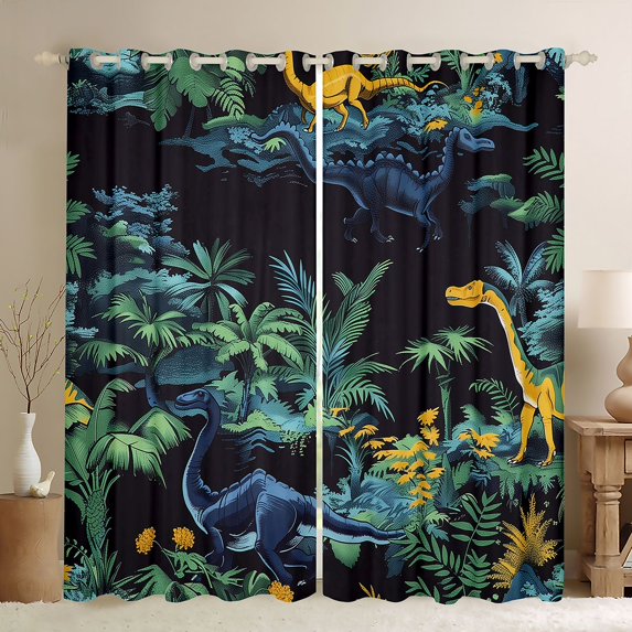 Feelyou Kawaii Cartoon Dinosaur Curtains Pack of 2 (42x84 Each), Jungle Leaf Botanical Curtains Blackout, Cute Animal Theme Bedroom Curtains, Blackout Curtains Room Decor