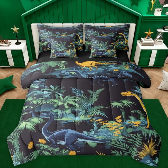 Feelyou Kawaii Cartoon Dinosaur Twin Bedding Sets 7-Piece, Jungle Leaf Botanical Bedding Comforter Set, Cute Animal Theme Reversible Sheet Sets, Lightweight Room Decor