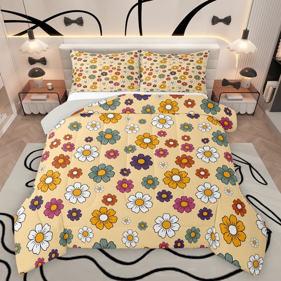 Feelyou Kawaii Cartoon Floral Queen Comforter Set for Teens, Cherry Blossoms Flower Bedding Sets, Botanical Plant Reversible Bedding Comforter Set, Lightweight Room Decor, 3-Piece