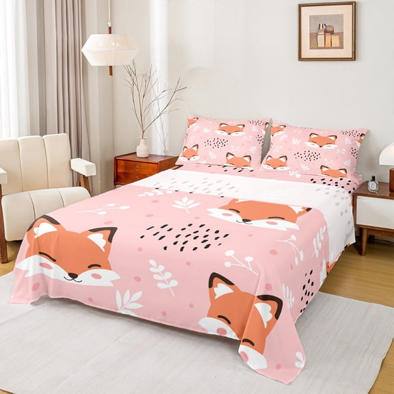 Feelyou Kawaii Cartoon Fox Twin Sheet Sets, Leaf Plant Botanical Twin Fitted Sheet, Teens Kids Boys Girls Flat Sheet, Super Cozy Room Decor, 3 Pieces