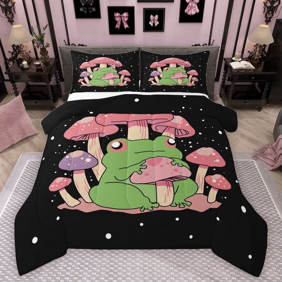Feelyou Kawaii Cartoon Frog Queen Comforter Set for Child, Dreamy Pink Mushroom Bedding Sets, Fairy Tale Animal Reversible Bedding Comforter Set, Breathable Home Decor, 3-Piece