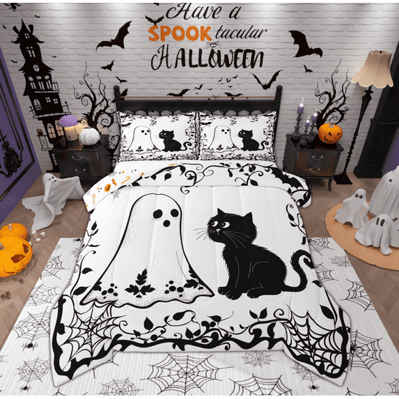 Feelyou Kawaii Cartoon Ghost Full Size Comforter Sets for Kid, Cute Cat Kitten Bedding Comforter Set, White Black Halloween Reversible Bedding Sets, Luxury Bedroom Decor, 3pcs