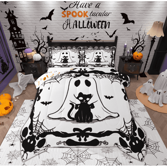 Feelyou Kawaii Cartoon Ghost Queen Comforter Set for Kid, Cute Cat Kitten Bedding Sets, White Black Halloween Reversible Bedding Comforter Set, Breathable Home Decor, 3-Piece