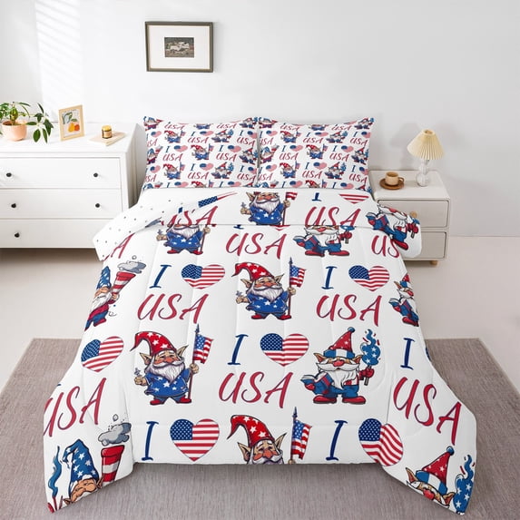 Feelyou Kawaii Cartoon Gnome Queen Comforter Set, US Flag Love Heart Bedding Sets, Teens Kids Boys Girls Reversible Bedding Comforter Set, Breathable Home Decor, 3pcs