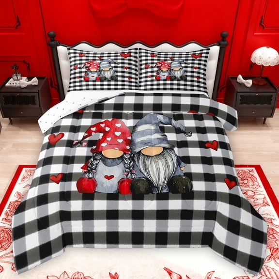 Feelyou Kawaii Cartoon Gomne Queen Comforter Set, Black White Buffalo Plaid Bedding Sets, Romantic Anniversary Reversible Bedding Comforter Set, Ultra Soft Bedroom Decor, 3pcs