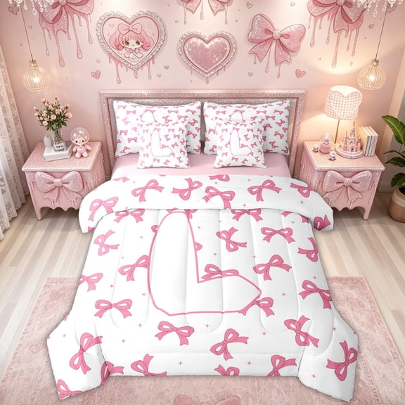 Feelyou Kawaii Cartoon L Letter Twin Bedding for Girls, Girly Pink Ribbon Style Bedding Comforter Set, Pink Reversible, 7 Pieces