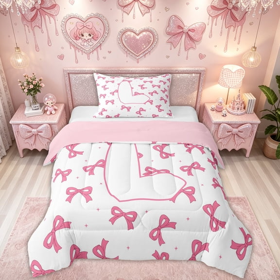 Feelyou Kawaii Cartoon L Letter Twin Comforter Sets for Girls, Girly Pink Ribbon Style 02, Pink Reversible, 2 Pieces, 1 Comforter and 1 Pillowcase