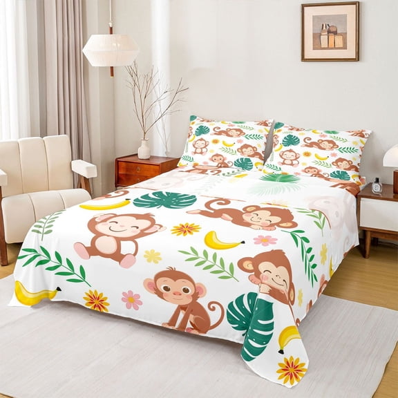 Feelyou Kawaii Cartoon Monkey Twin Sheet Sets for Kids, Jungle Green Palm Leaf Twin Fitted Sheet, Cute Rustic Animal Flat Sheet, Super Cozy Room Decor, 3-Piece