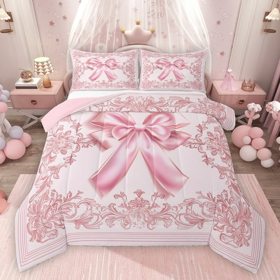 Feelyou Kawaii Cartoon Ribbon Queen Comforter Set for Girl, Western Flower Floral Bedding Sets, Mandala Damask Print Reversible Bedding Comforter Set, Lightweight Room Decor, 3pcs