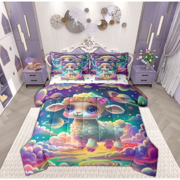 Feelyou Kawaii Cartoon Sheep Bedding Comforter Set 7pcs, Dreamy Stars Planet Queen Bedding Sets, Teens Boys Girls Kids Reversible Queen Sheet Sets, Microfiber Bedroom Decor