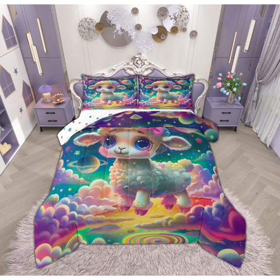 Feelyou Kawaii Cartoon Sheep Queen Comforter Set, Dreamy Stars Planet Bedding Sets, Teens Boys Girls Kids Reversible Bedding Comforter Set, Microfiber Bedroom Decor, 3pcs