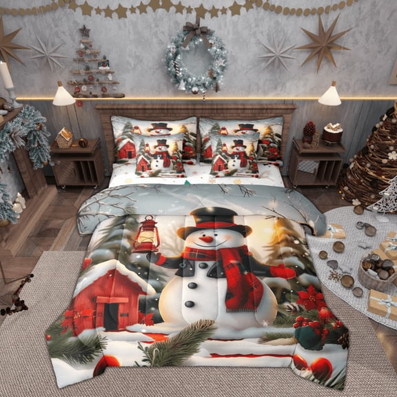 Feelyou Kawaii Cartoon Snowman Bedding Comforter Set 7 Pieces, Red Cabin Rustic Full Bedding Set, Merry Christmas Reversible Fitted Sheet Flat Sheet, Microfiber Bedroom Decor