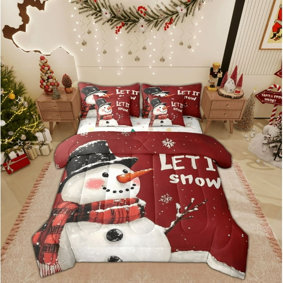 Feelyou Kawaii Cartoon Snowman Bedding Comforter Set 7 Pieces, Winter Snowflake Print Full Bedding Set, Merry Christmas Reversible Fitted Sheet Flat Sheet, Super Cozy Room Decor