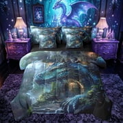 Feelyou Kawaii Castle Dragon Twin Bedding Sets for Men Boys, Woodland Forest Animal Bedding Comforter Set, Blue Green, Black Reversible, 7-Piece